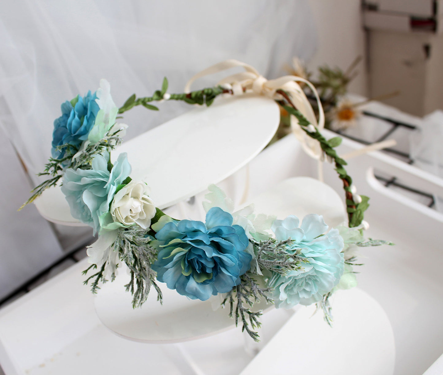 Vivivalue Fairy Flower Crown Blue Floral Headband Elf Headpiece for Women Girls Princess Wedding Bridal Shower Photo Prop Cosplay Renaissance