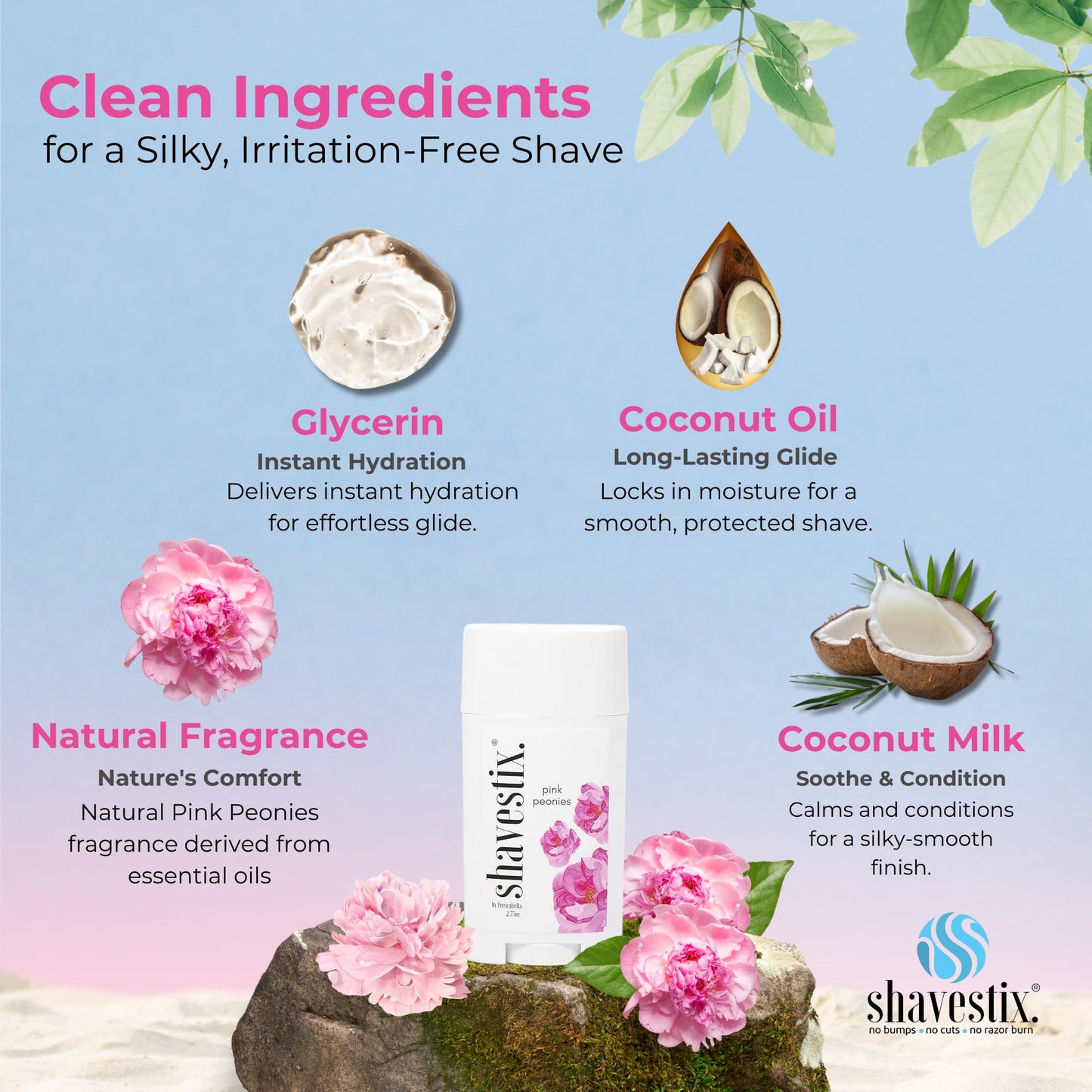 Shavestix Travel Size Shave Stick 2.75 Oz | Pink Peonies Scented Shaving Stick Gel Bar | Hair Removal Shaving Cream for Women | Avert Razor Bumps, Burn