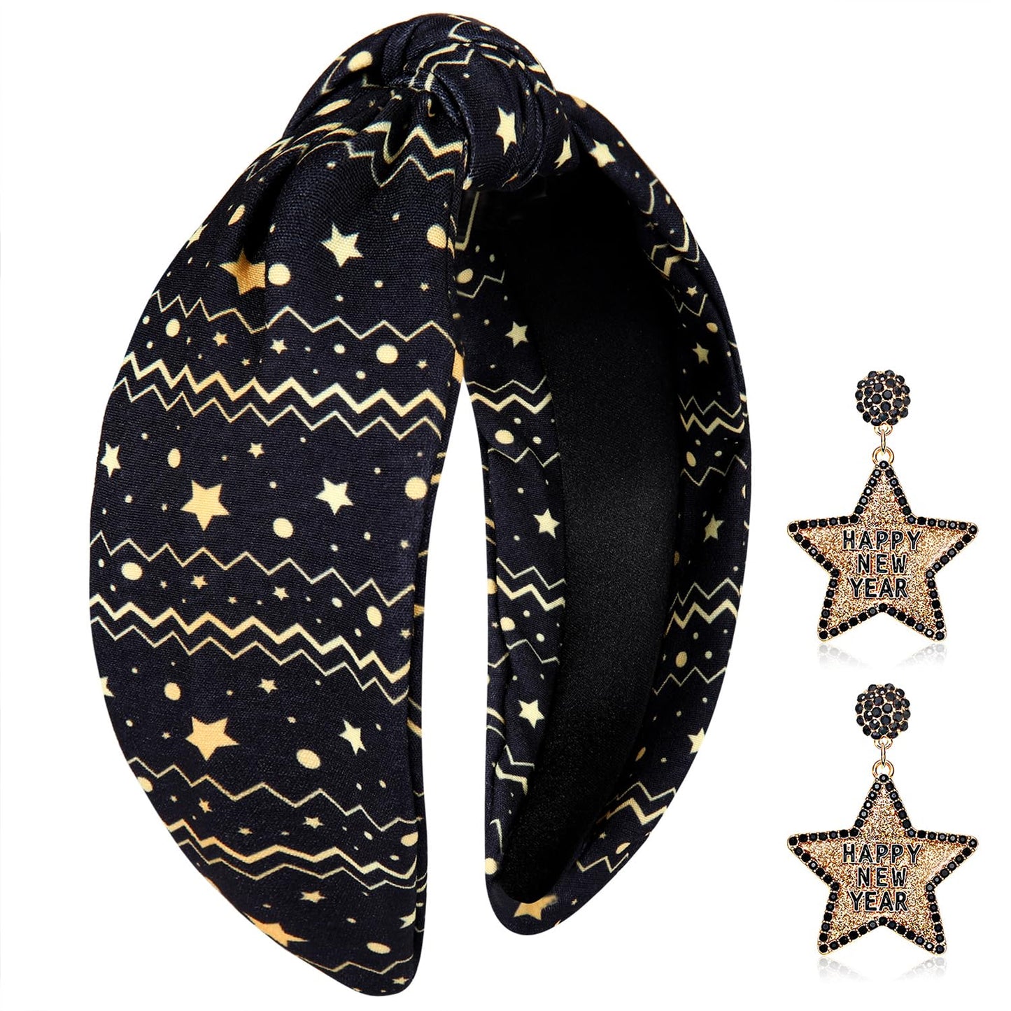 YAHPERN New Year’s Eve Headbands for Women Happy New Year Headband Printed Clock Top Hat Star Headband Holiday Knotted Headband New Year’s Eve Hair Accessories Party Favors Gifts (New Year Star)