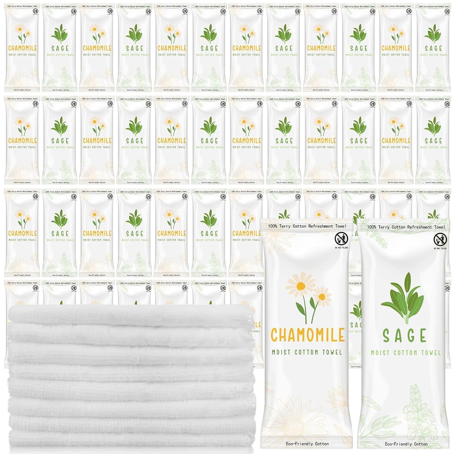 Timgle Moist Towelettes - 50 Individually Wrapped Scented Disposable Face Towels | Essential Oil Infused, Hot/Cold Use (Sage, Chamomile)