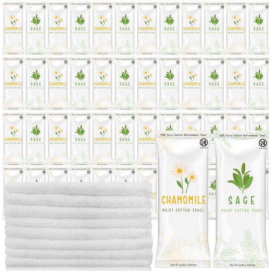 Timgle Moist Towelettes - 50 Individually Wrapped Scented Disposable Face Towels | Essential Oil Infused, Hot/Cold Use (Sage, Chamomile)