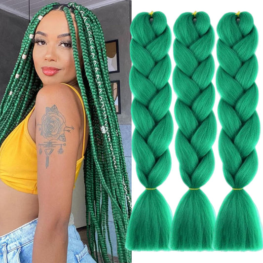 TENGSHUO FLY Green Braiding Hair 3 Packs Synthetic Braid Hair Extensions Jumbo Ombre Braiding Hair 24 Inch or Box Braids Twist Crochet Braids(24"3Pack,Green)