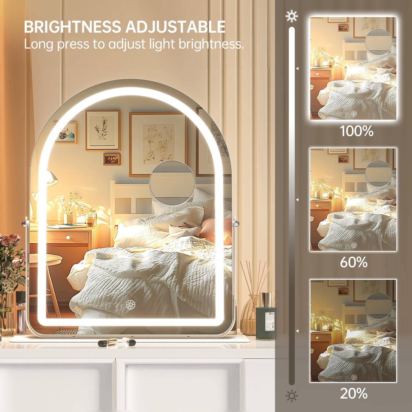 Hasipu Vanity Mirror with Lights, 12"× 13.8" Arched LED Makeup Tabletop Mirror, Lighted Makeup Mirror with Lights, Smart Touch Control Dimmable 3 Modes Light 360°Rotation White