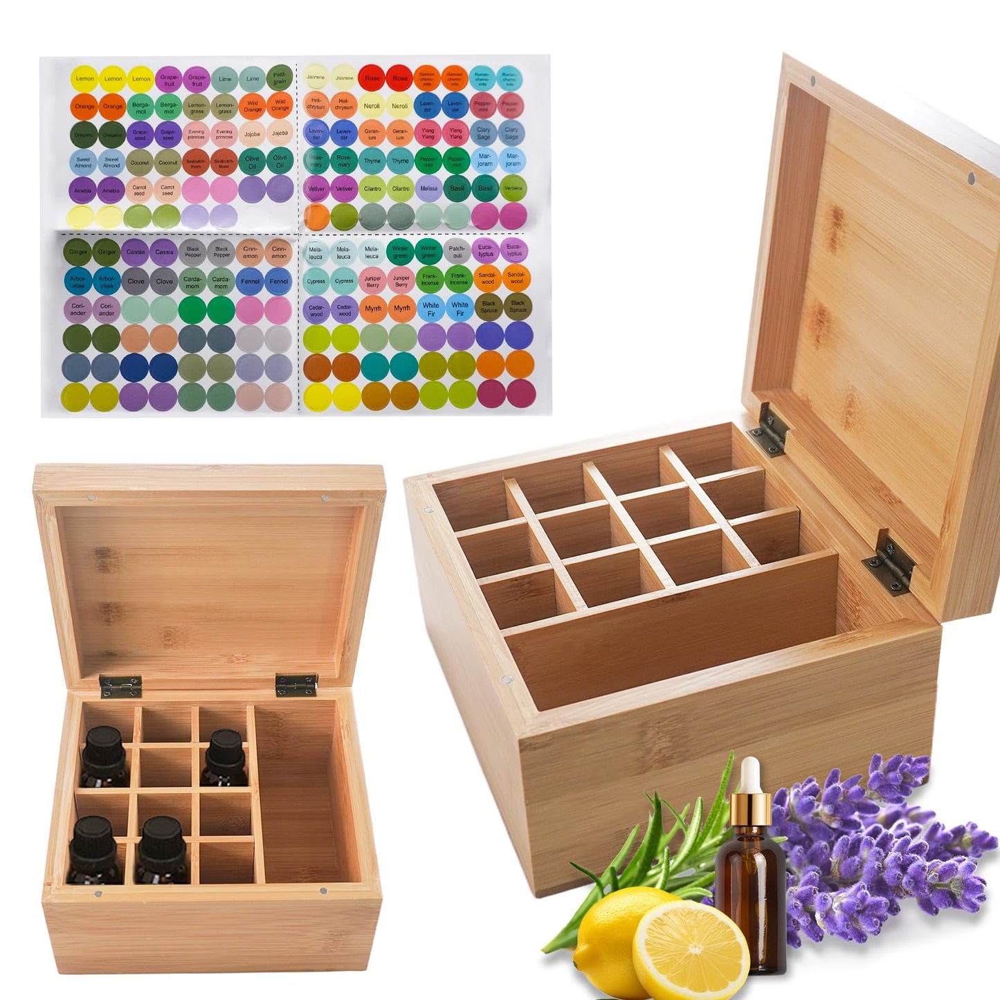 Pure Vie Wooden Essential Oil Storage Box Travel Organizer Case with Bottle Cap Label - Aromatherapy Nail Polish Fragrance Container, Holds 13 Bottle for 5-30ml - Keep Scented Oil Safe & Space Saver