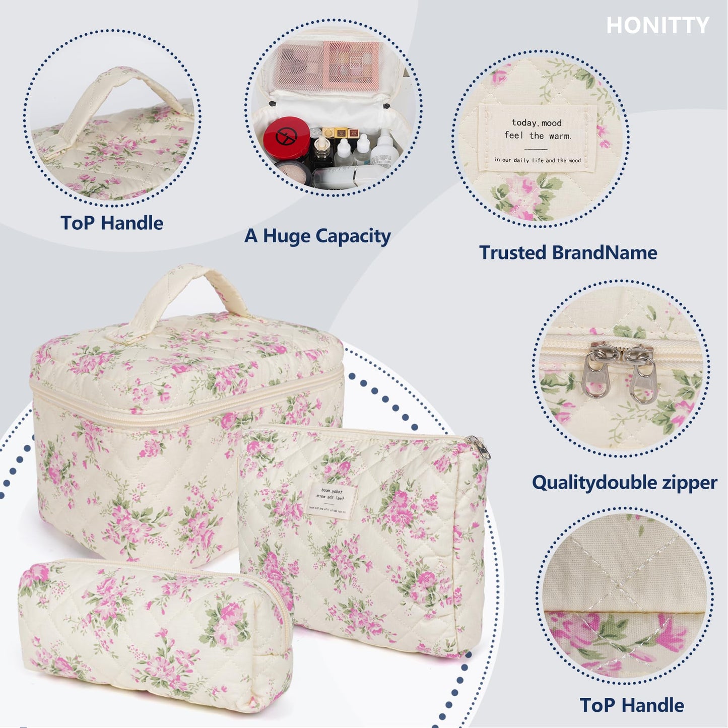 Makeup Bag,Quilted Cosmetic Bags,Large Floral Make Up Organize bag,Makeup Bag Set for Women,Flower Travel Toiletry Bag