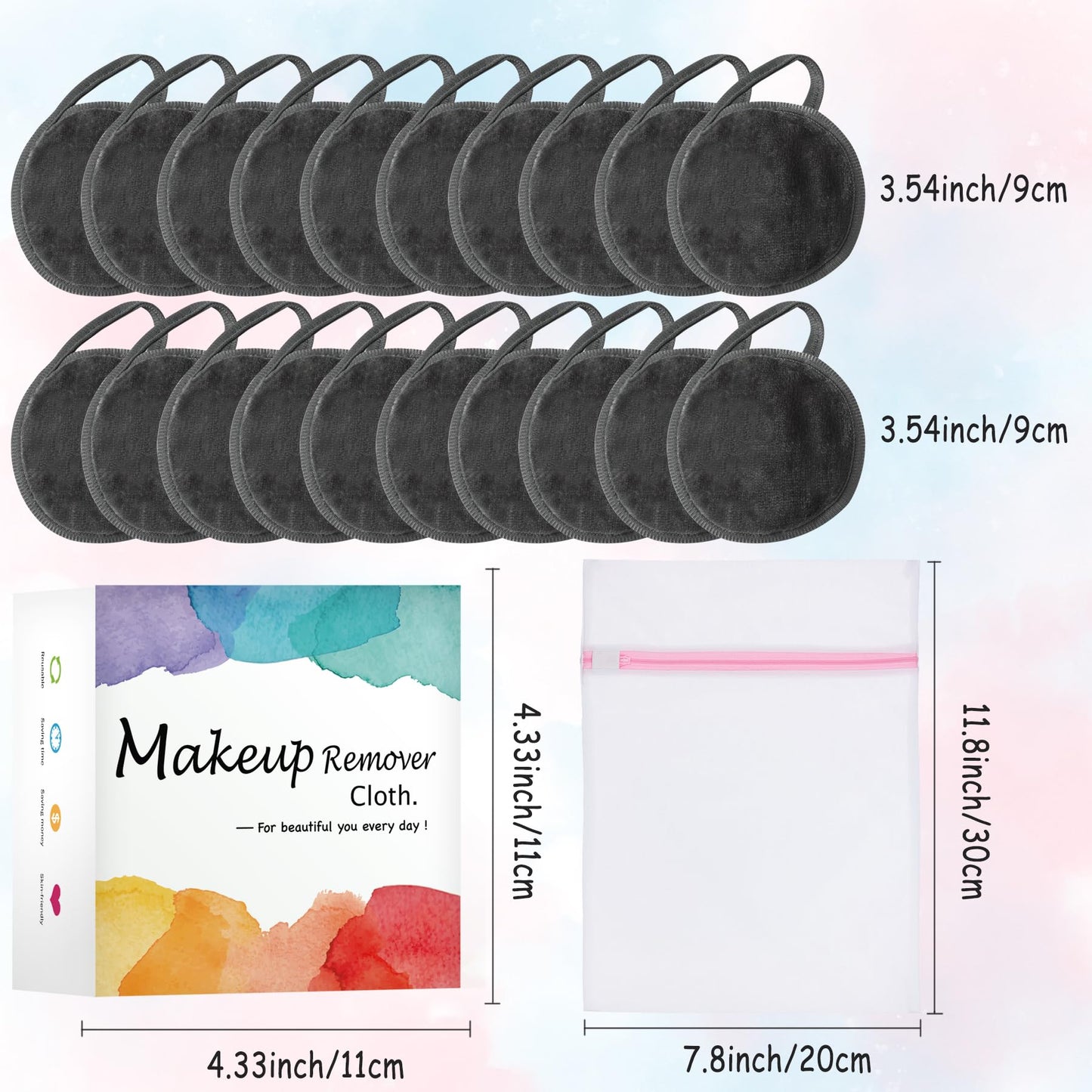 Nugilla 20 Packs Reusable Makeup Remover Pads with a Washable Laundry Bag, Microfiber Towel Clean Skin Face Towels, Soft Makeup Remover Cloth, Fast Drying Washcloth (Grey)