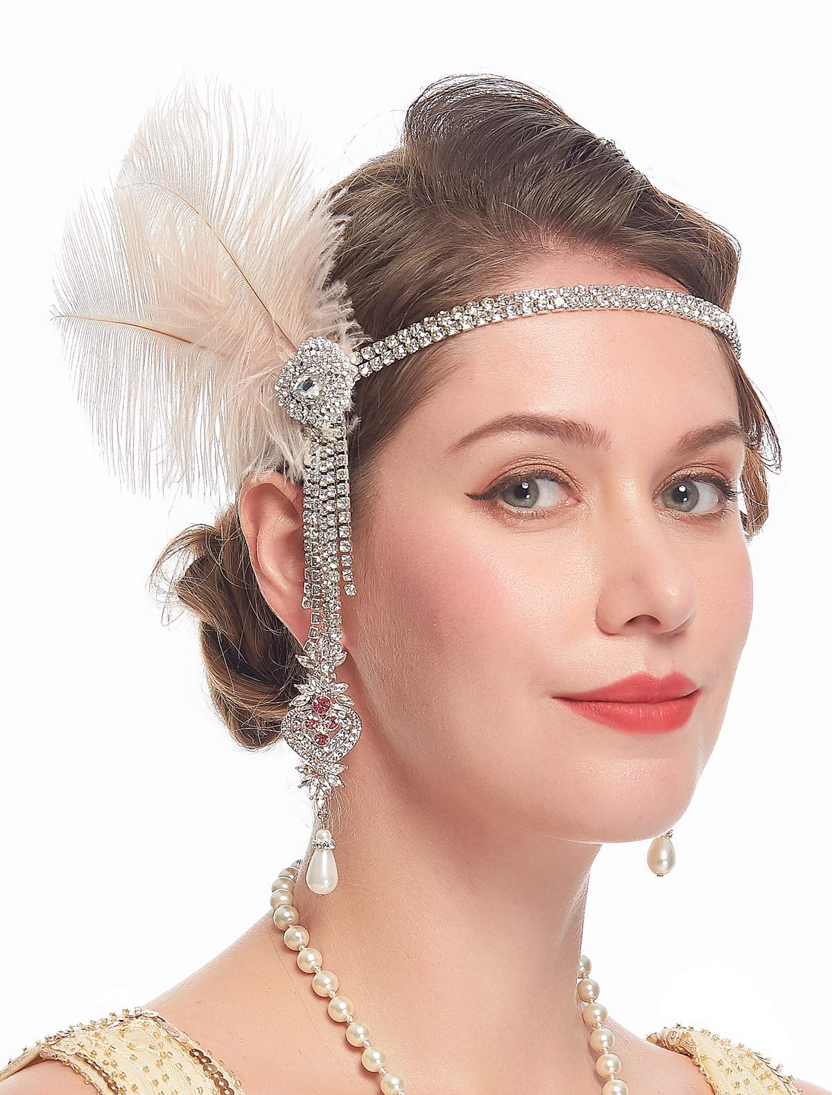 Cizoe 1920s Feather Flapper Headband Roaring 20s Headpiece Great Gatsby Hair Accessories for Women(A-nude)