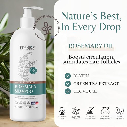 Edenika Botanicals Rosemary Oil Shampoo - Biotin-Infused for Thinning Hair & Anti-Hair Loss | 16 fl oz, Sulfate-Free, Organic