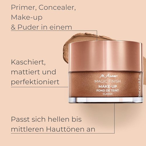 M. Asam Magic Finish Make-Up Mousse - 4-in-1 Primer, Foundation, Concealer & Powder | 1.01 Fl Oz, Vegan for Light to Medium Skin Tones