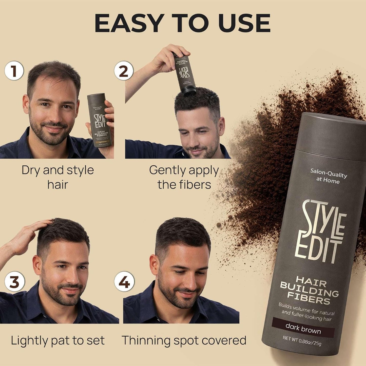 Style Edit Hair Building Fibers - Conceal Thinning Hair & Receding Hairlines | 100% Plant-Based, Dark Brown, 0.88oz