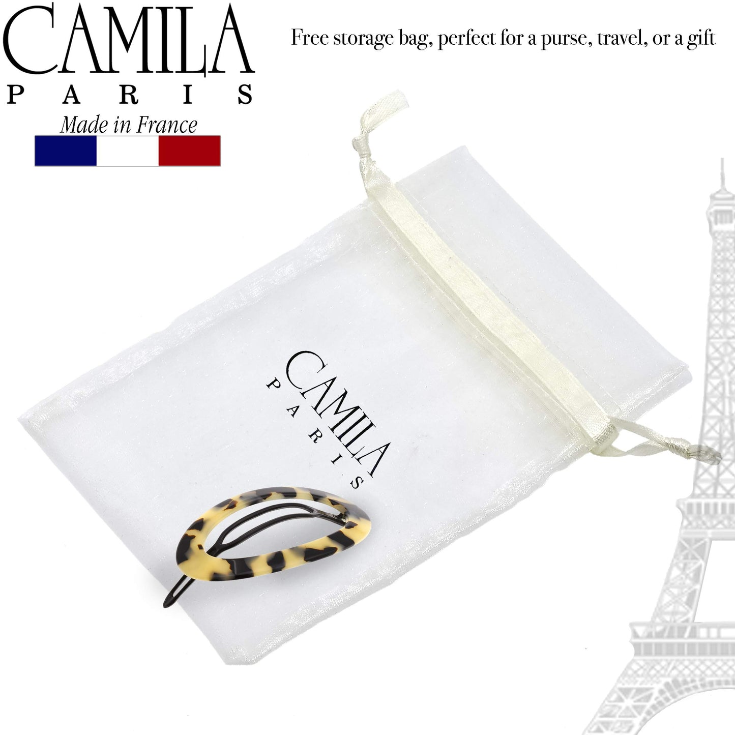 Camila Paris CP2803 French Hair Barrette Clip for Women, Handmade, Flow, Slide-in Metal-Free Closure, Strong Hold Grip Hair Clips for Girls, No Slip Durable Styling Hair Accessories, Made in France