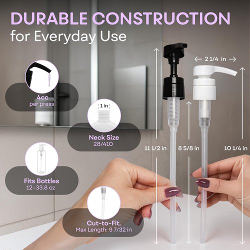 Brightfrom Universal Dispensing Pump - Ideal for Shampoo & Conditioner | Fits 12oz to 33.8oz Bottles, 2 Pack, White/Black