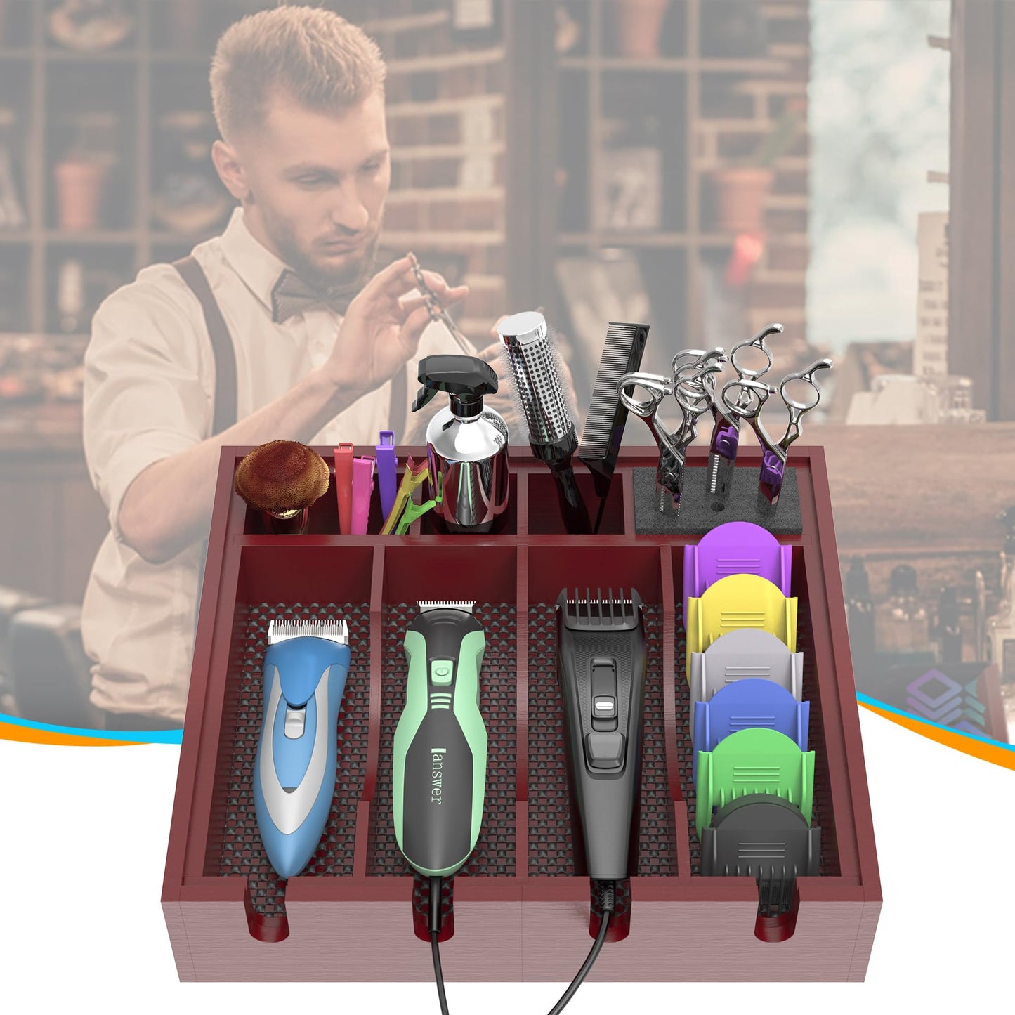 Invech Wooden Barber Clipper Tray with 6 Notches, Anti-slip Barber Station Organizer, Push-pull Hair Clipper Holder and Shaver Storage Box