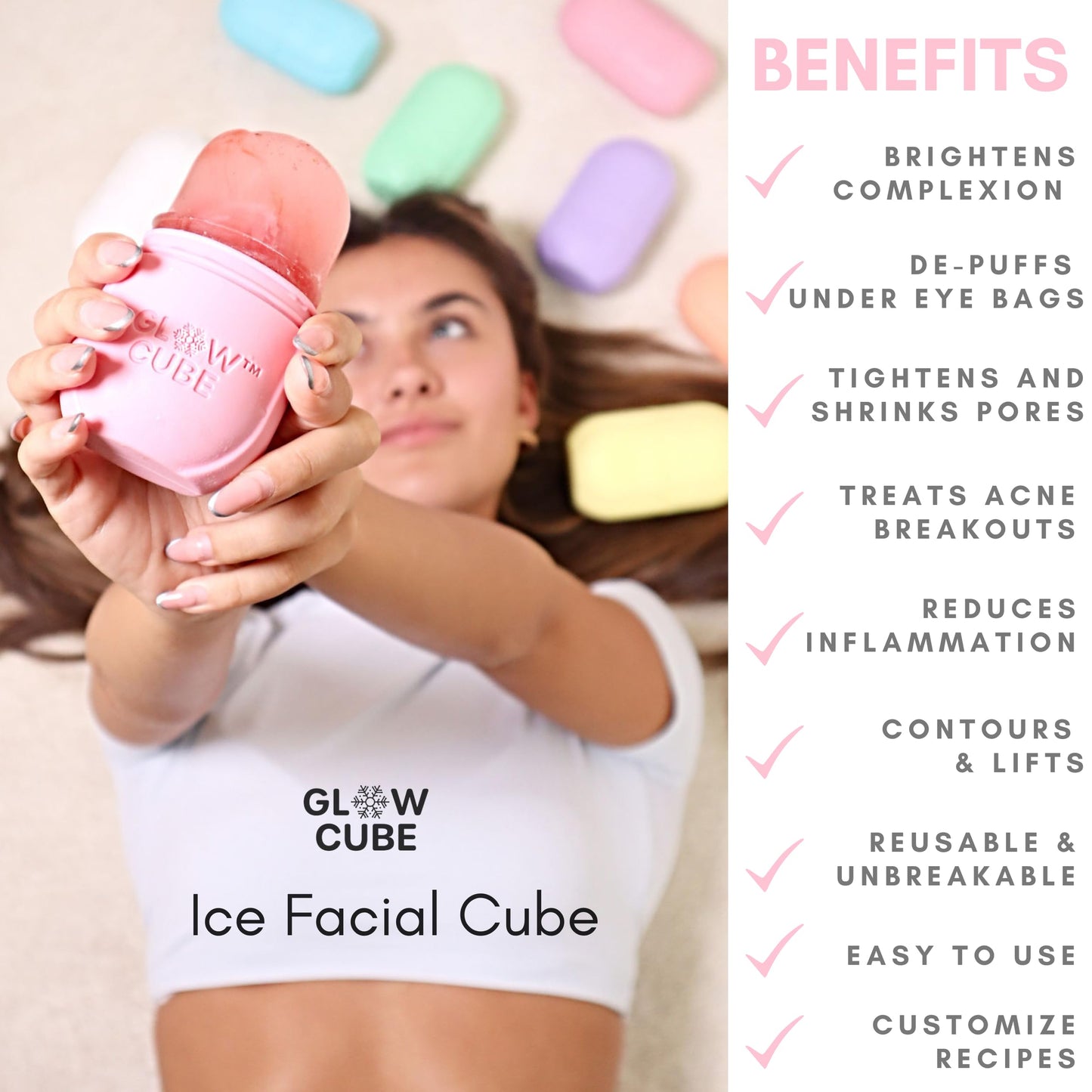 Glow Cube Ice Roller For Face Eyes and Neck To Brighten Skin & Enhance Your Natural Glow/Reusable Facial Tool to Tighten & Tone Skin & De-Puff The Eye Area (Pastel Pink)