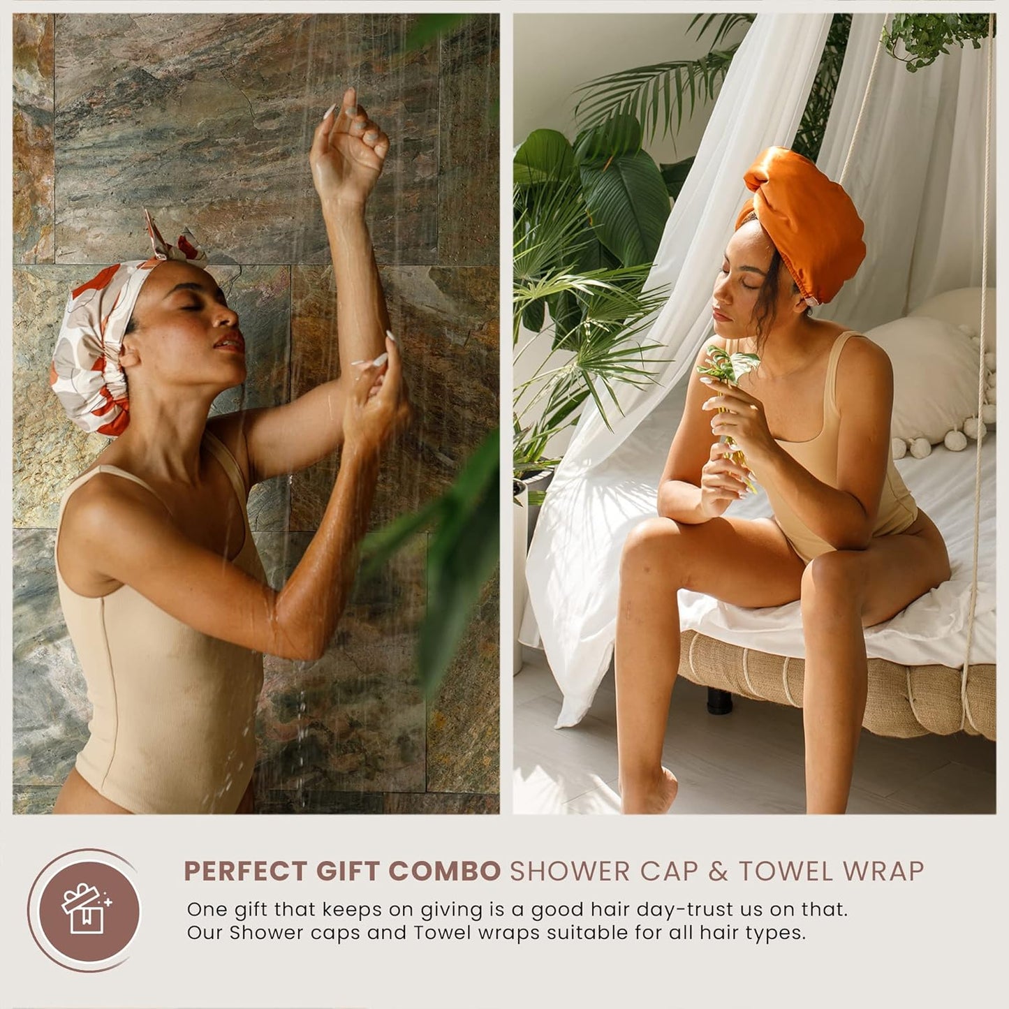 SMPL OBJECTS Luxury Waterproof Shower Cap - Fashionable Reusable Turban for Long Hair | Beige