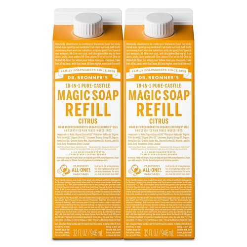 Dr. Bronner's Magic Soap - Pure-Castile Liquid Refill (Citrus, 32 oz, 2-Pack) | Vegan, Non-GMO, Organic Oils