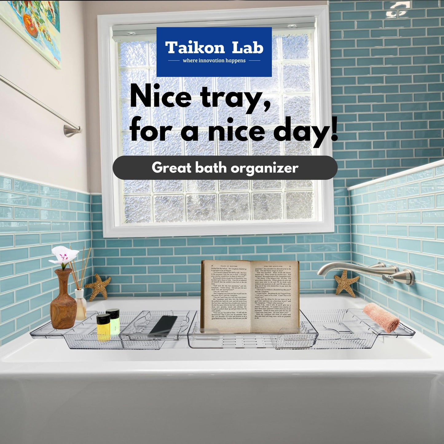 TaikonLab Expandable Bathtub Tray for Tub, Clear & Easy Maintenance Acrylic Material, Bath Organizer for Relaxing Spa, Fits Most Bathtubs and Bathroom Décor Style, Bath Tub Caddy Tray for Women