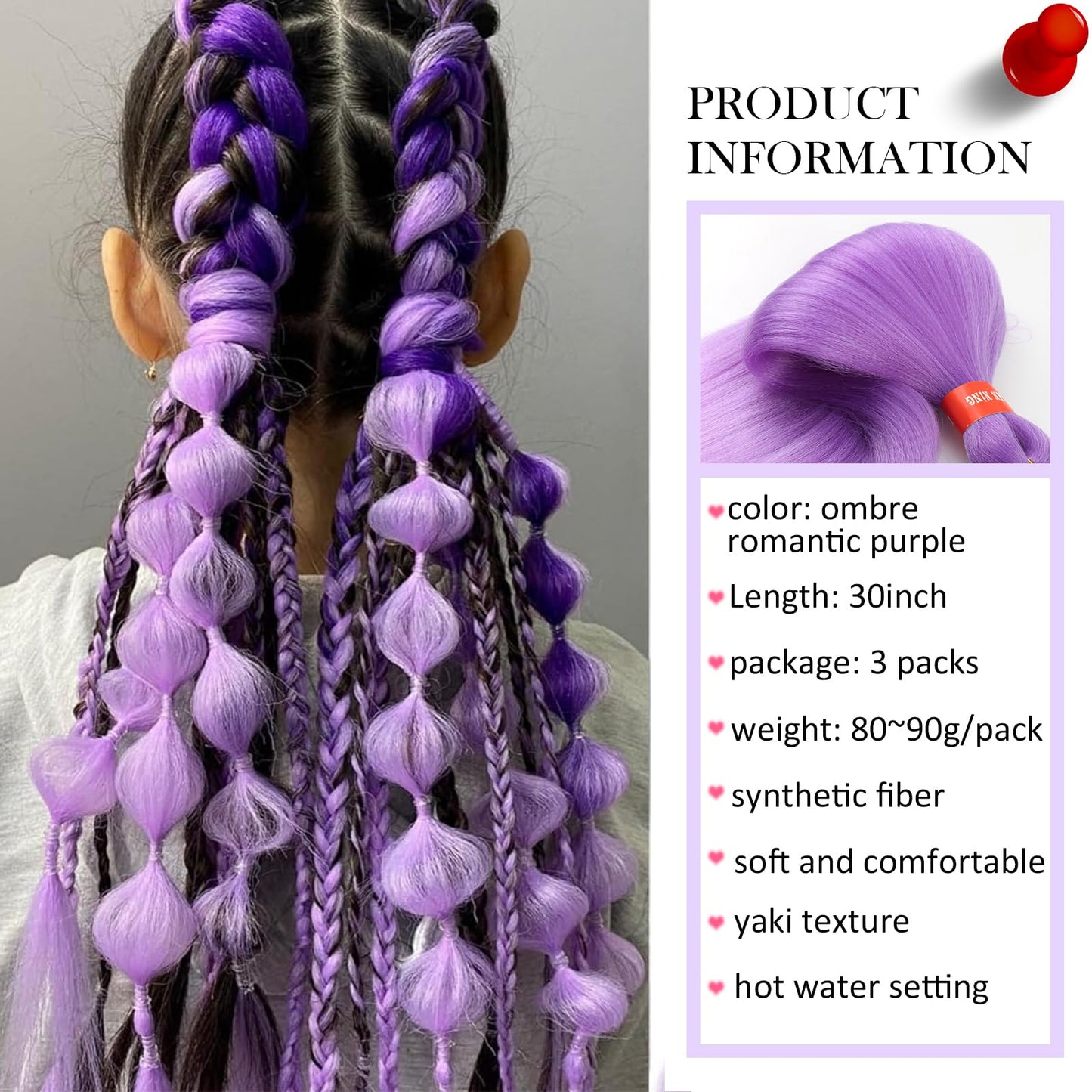 Ombre Romantic Purple Pre Stretched Braiding Hair 30 Inch Yaki Texture Box Braid Hair Extensions 3 Packs Yaki Texture Pre Feathered Braids Hair Easy to Use