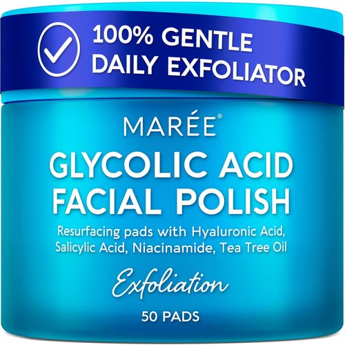 MAREE Glycolic Acid Pads - Exfoliating Toner Pads with Tea Tree Oil & Salicylic Acid - 50 Count for Acne Clearing & Radiance