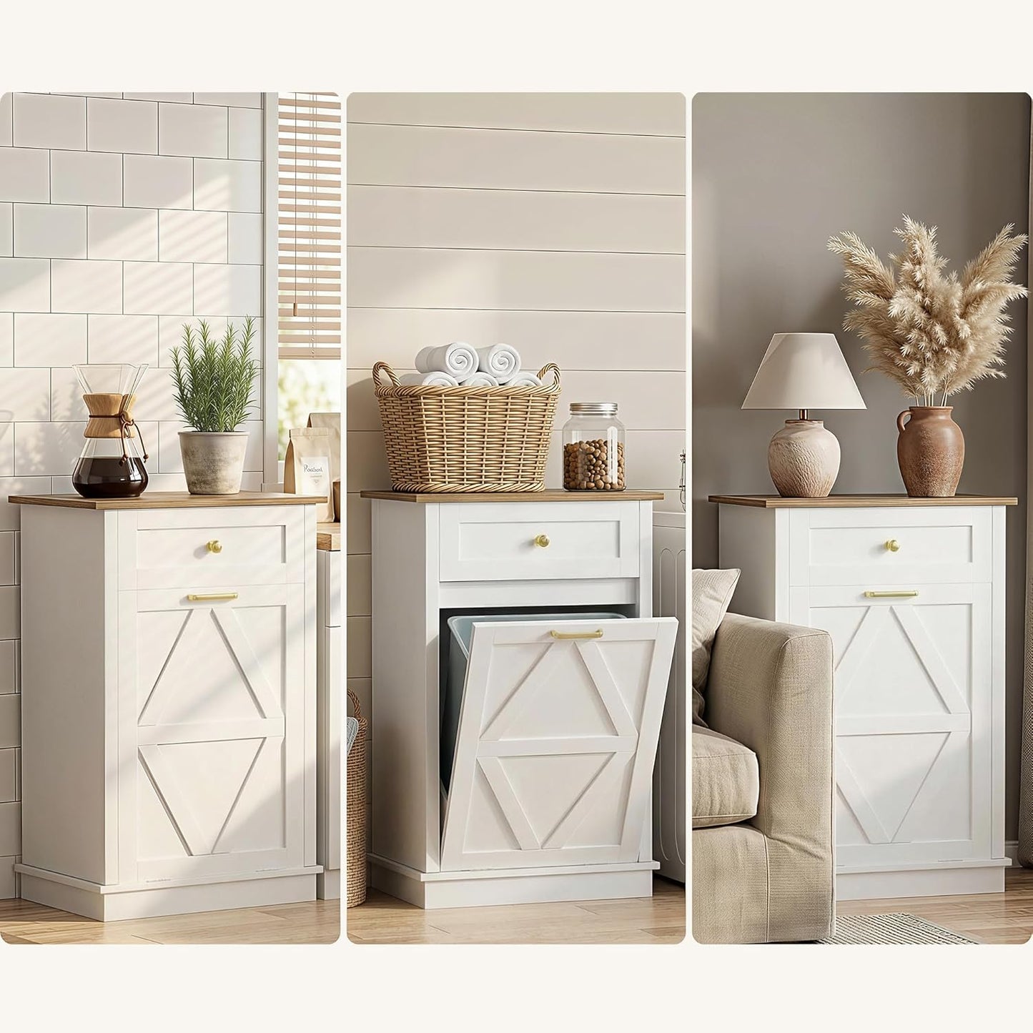 YESHOMY Tilt-Out Trash Cabinet - 10 Gallon Hidden Wooden Bin for Kitchen & Dining Room - White Finish