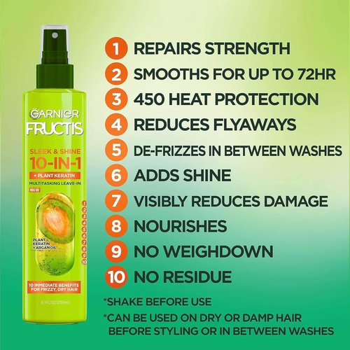 Garnier Fructis Sleek & Shine 10-in-1 Treatment - Frizz Control & Moisture, 8.1 Fl Oz