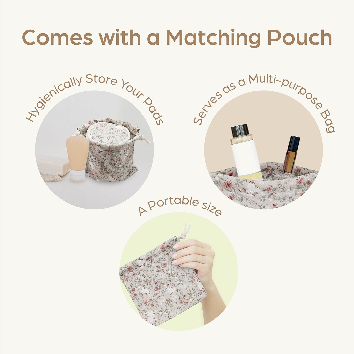 Handmade by AVO - 8 Reusable Pads, Makeup Remover, Quilted Organic Cotton Rounds, Pads Facial Rounds Fabric Pouch Laundry Bag (Rabbit)