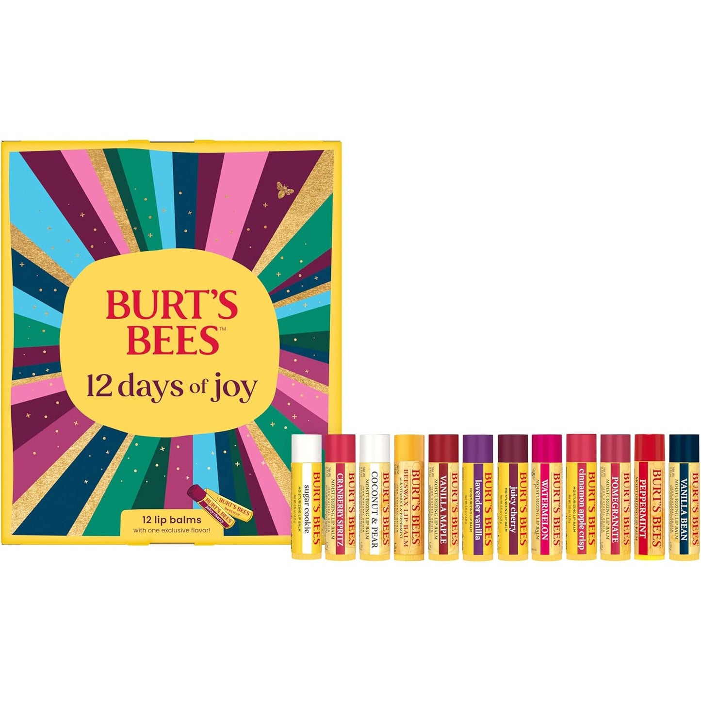 Burt’s Bees Advent Calendar - 12 Natural Lip Balms for 24-Hour Moisture | Juicy Cherry & More, 0.15 Oz Each