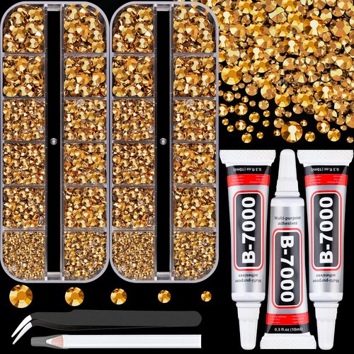 Resin Rhinestones for Crafting with 3Pcs 10ml B7000 Jewelry Glue, 2 Boxes Gold Flatback Gems Crystals Diamond for Bedazzling Crafts DIY Nail Art Makeup,Gems for Clothing Tumblers Shoes