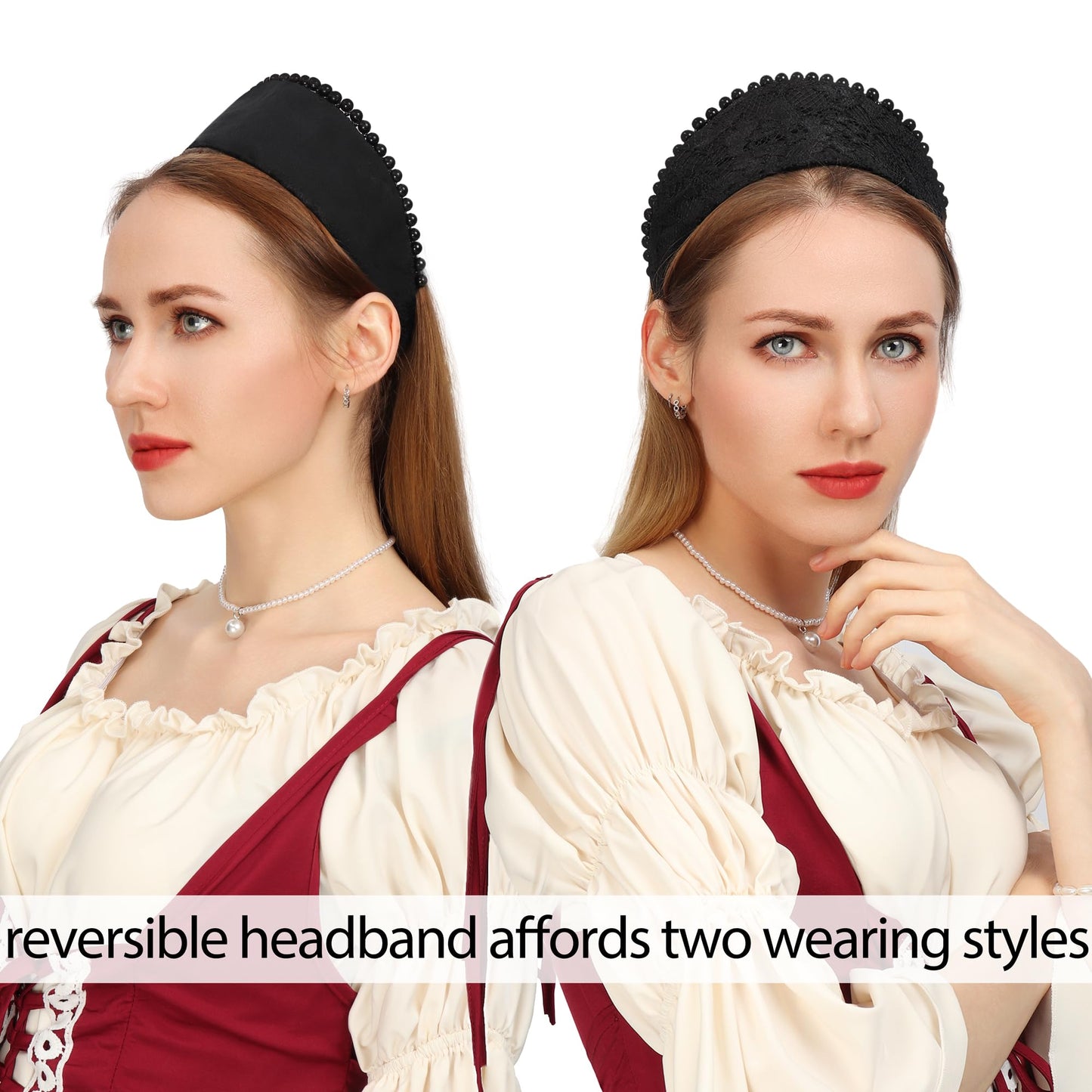 C-ZOFEK Anne Headband Velvet Pearl Tudor French Hood Gothic Renaissance Hair Accessory (Dark)