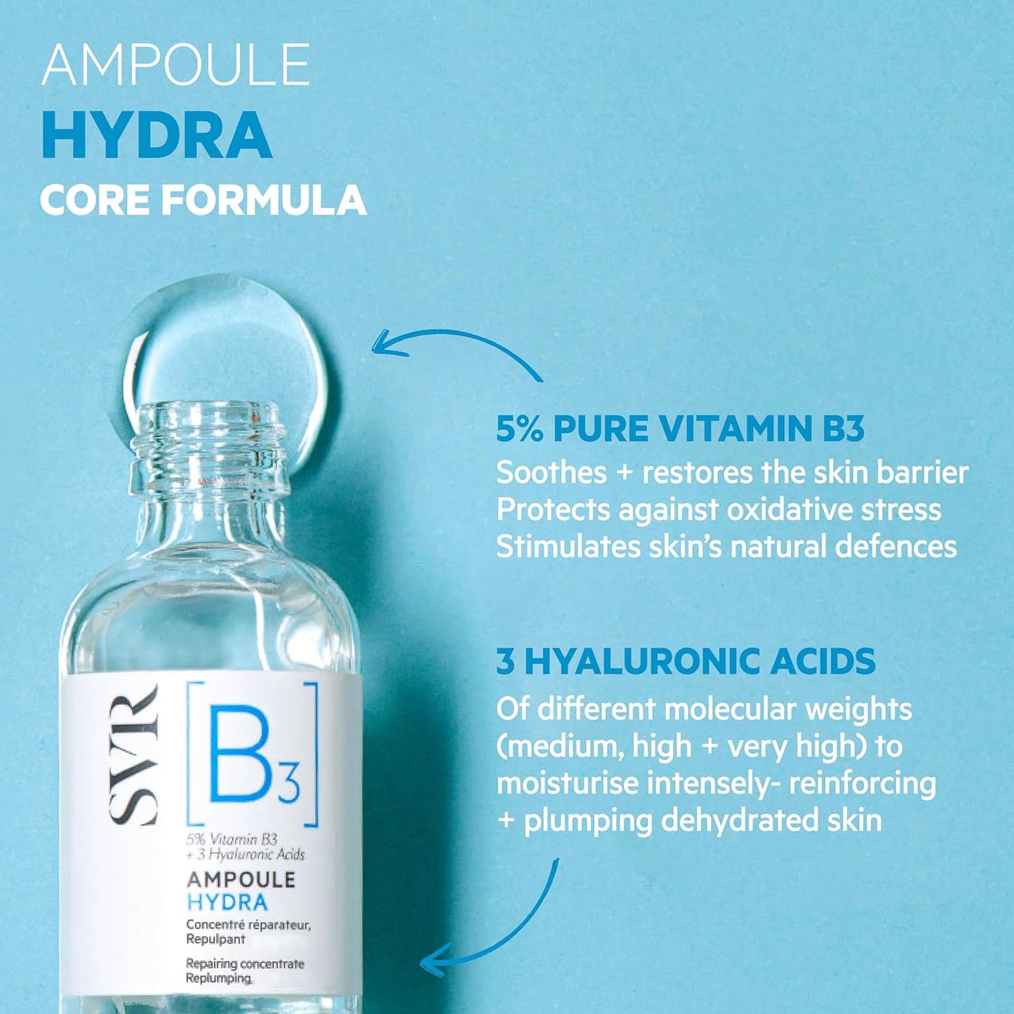 SVR [B3] Hydra Plumping Face Serum - Moisturizing Formula with Niacinamide & 3 Types of Hyaluronic Acid | 1 Fl. Oz.