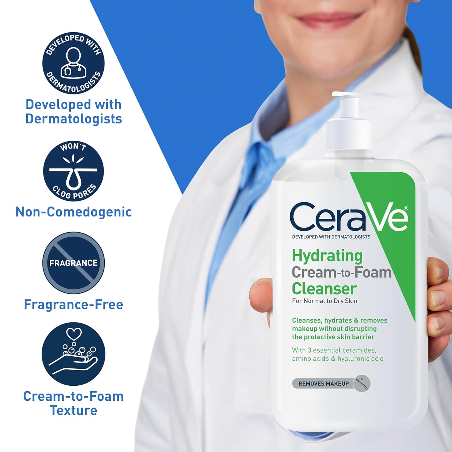 CeraVe Hydrating Foam Cleanser - Gentle Makeup Remover for Dry Skin | 19 Fl Oz, Fragrance-Free