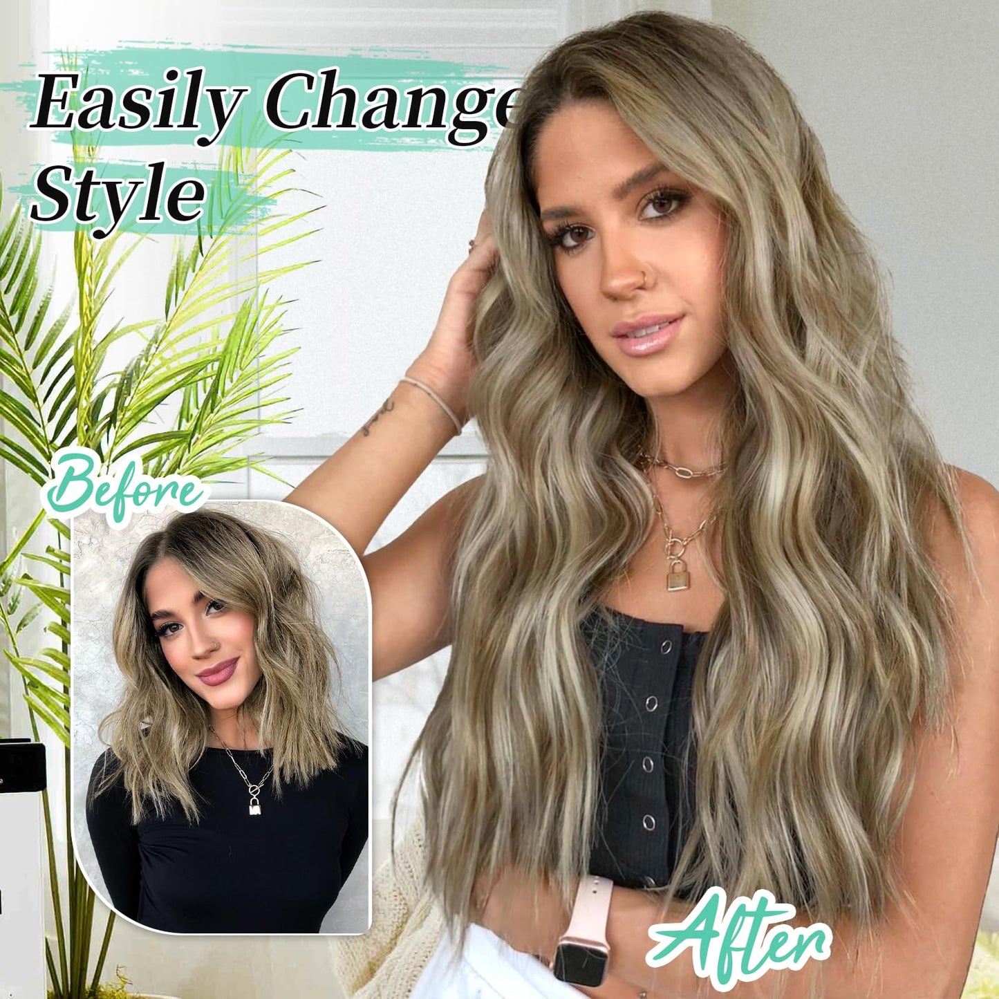 KooKaStyle Clip in Synthetic Hair Extensions Long Wavy 4PCS Thick Hairpieces Light Brown mix Light Blonde F8/613 Fiber Double Weft Natural Hair Extensions 20 Inch for Women