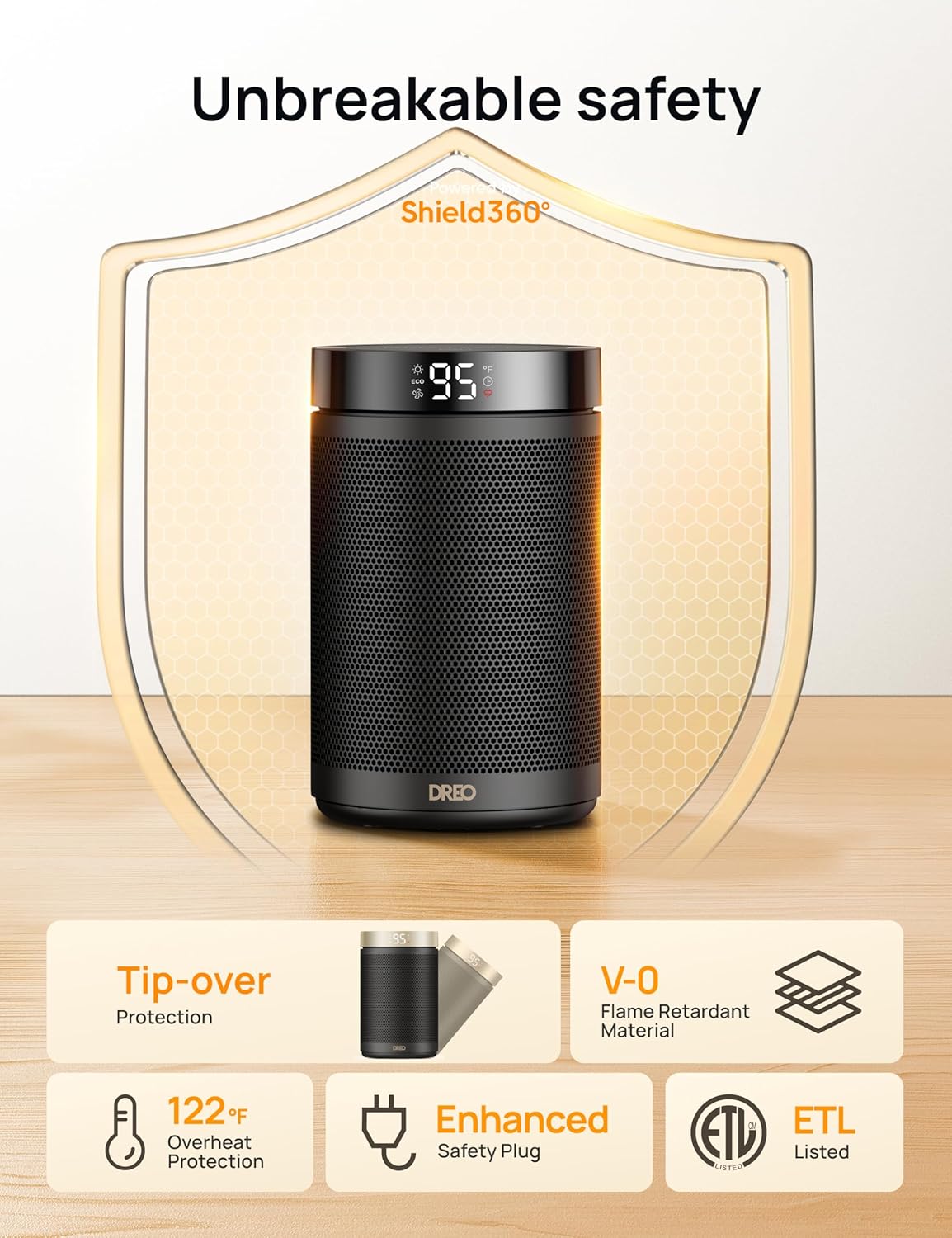 DREO Space Heater, Portable Electric Heaters for Indoor Use with Thermostat, Digital Display, 1-12H Timer, Eco Mode and Fan Mode, 1500W PTC Ceramic Fast Safety Heat for Office Bedroom Home, Black