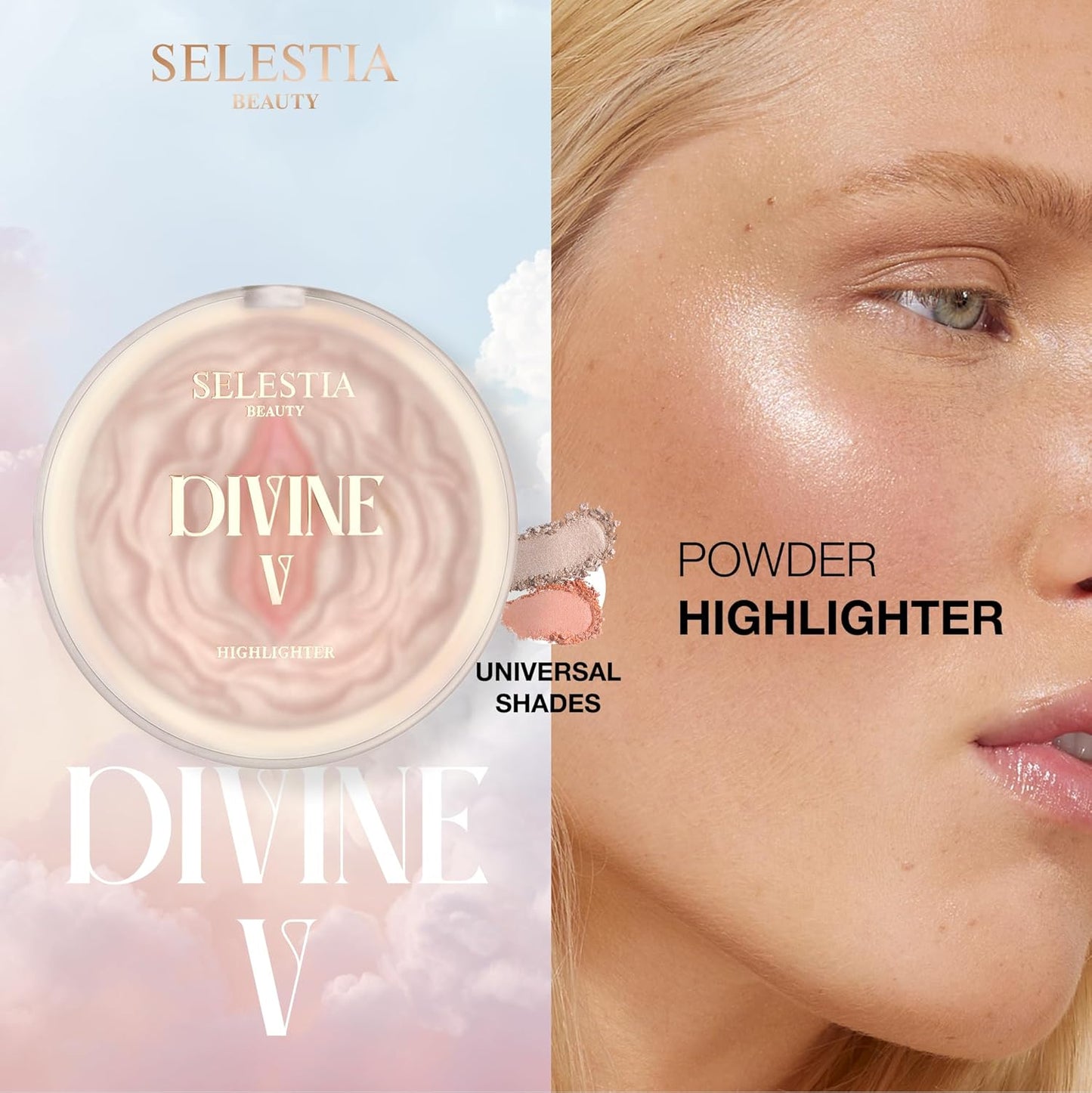 SELESTIA BEAUTY Powder Highlighter – Divine V | Radiant Glow for All Skin Tones, 0.53 oz