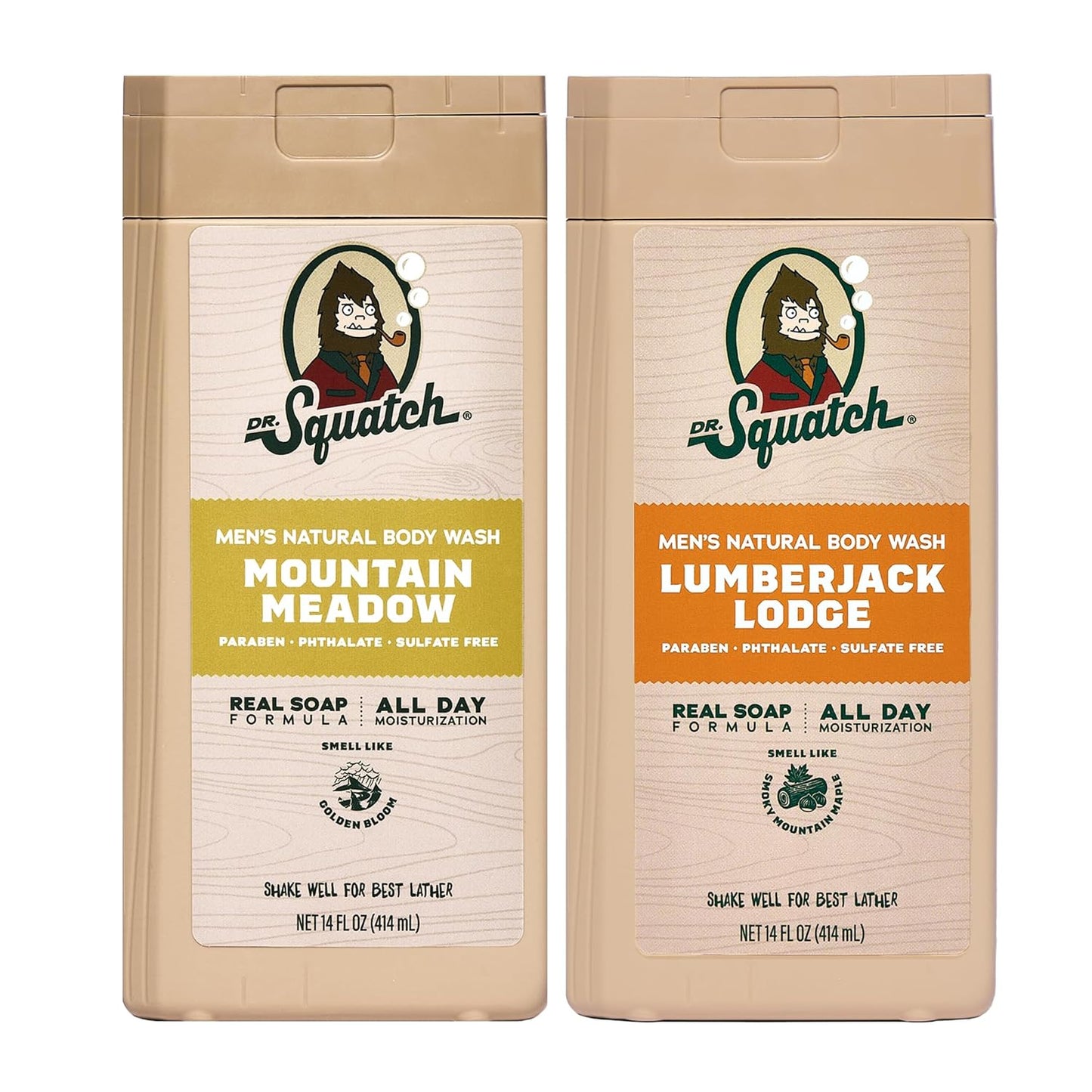 Dr. Squatch Men's Body Wash - Nourishing & Moisturizing Shower Gel - Mountain Meadow + Lumberjack Lodge (14 oz, 2-Pack)