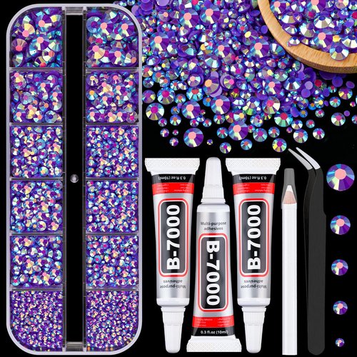 Resin Jelly Rhinestones for Crafting with B7000 Jewelry Glue, 1 Box Dark Purple AB Flatback Crystal with 3Pcs 10ml Glue, Bedazzling Non Hotfix Gems for DIY Tumblers Clothing Shoes Manicure