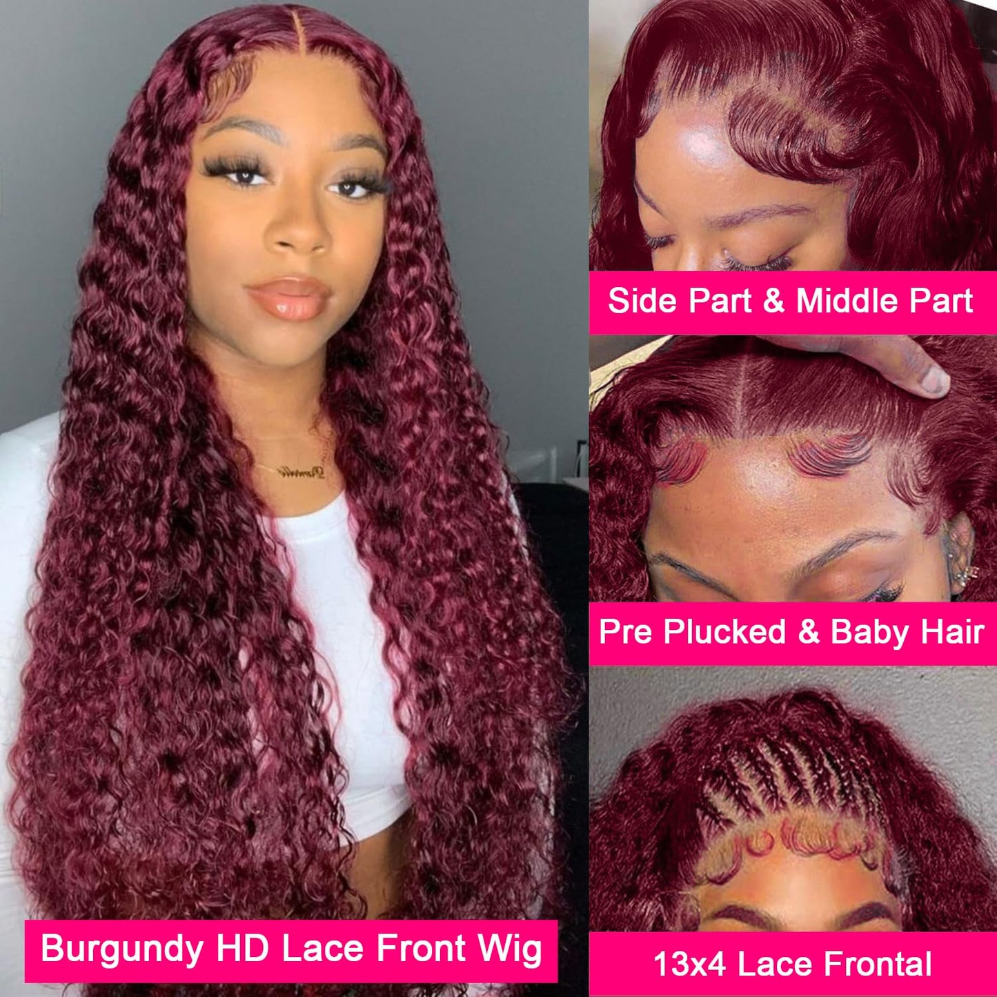 Skiennix 24-Inch 99J Burgundy Deep Wave Wig - HD Transparent Lace Front, 180 Density, Pre-Plucked