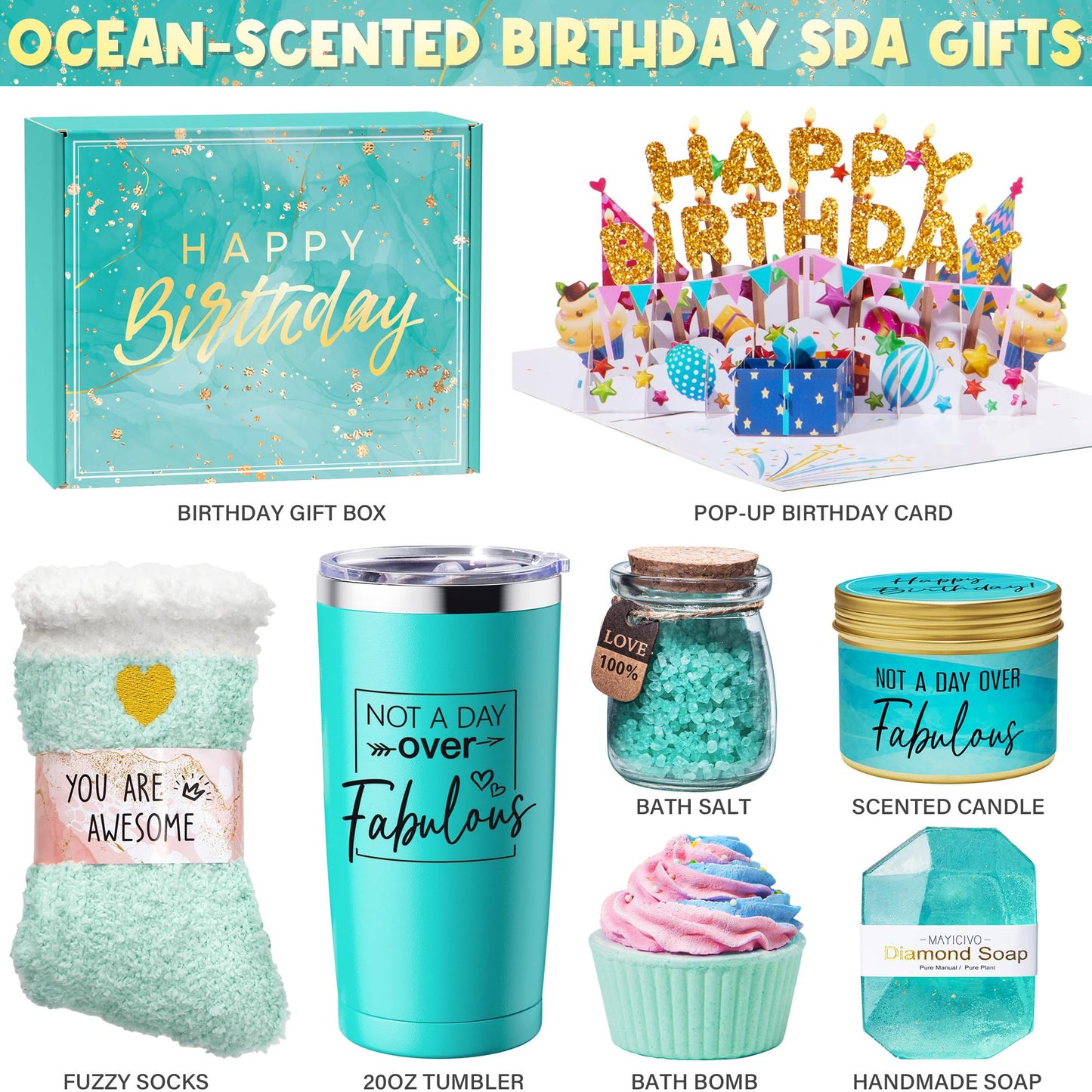 MAYICIVO 8PCS Ocean Relaxing Spa Gifts Basket Set for Women, Self Care Gifts Unique Happy Birthday Gifts Idea for Mom Her Best Friends Sister Wife Girlfriend Coworker Teacher