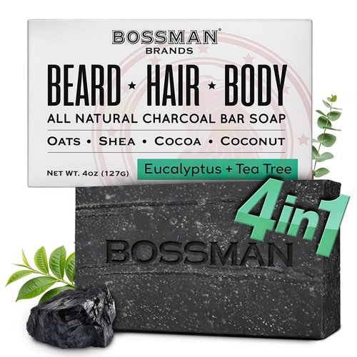 Bossman 4-in-1 Charcoal Soap Bar - All-Natural Men's Grooming Solution | 4 oz Eucalyptus & Tea Tree Scent