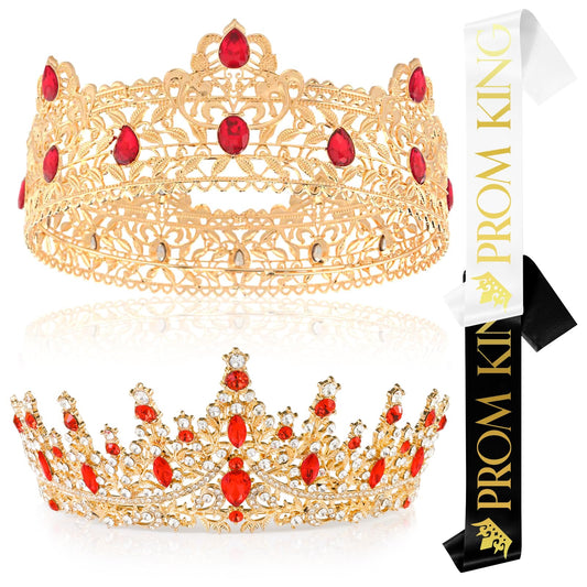 King and Queen Crowns Set King Crowns for Men Royal Crown with Red Rhinestone Crystal Crowns for Men Women Princess Crown Tiara Costume Headwear for Wedding Birthday Party Costume (4 Pcs)