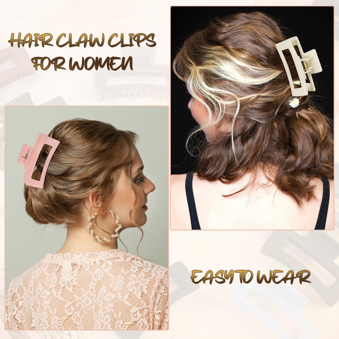 Tigeen 34 Pcs Matte Square Non-Slip Hair Accessories - 3.3" Medium Rectangular Claw Clips for Women, Girls, and Thin Hair Styling