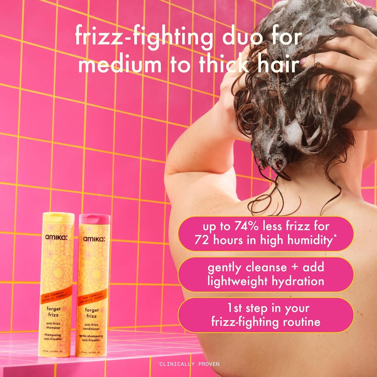 Amika Forget Frizz Anti-Frizz Shampoo - Smoothing Formula for Humidity Protection | 72-Hour Frizz Control