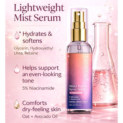 Ploxora White Truffle Spray Serum, Hydrate, Soothes and Glow | Lightweight | Absorbs Fast | Botanical Oils, 5% Niacinamide, 100 ml Spray Pump Bottle
