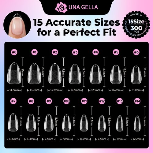 UNA GELLA Short Almond Nail Tips 15 Sizes 300PCS Pre-Etched Soft Gel Clear Nail Tips Easy DIY Salon Short Almond Press On Nails Snug Fit Acrylic Fake Tips Extensions Long-Lasting Hold
