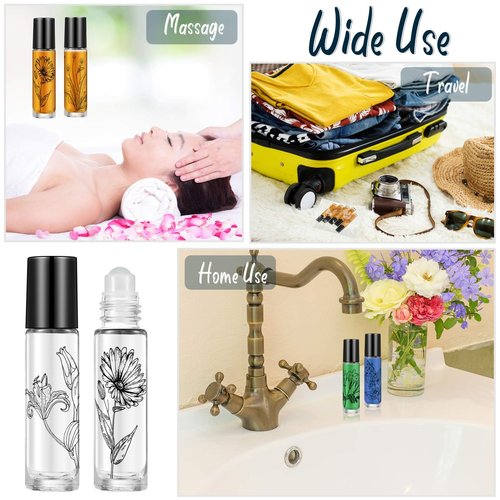 10 Pieces Essential Oil Roller Bottles 10 ml Empty Roller Bottles for Essential Oils Lip Oil, Glass Refillable Oil Container Printed with Patterns