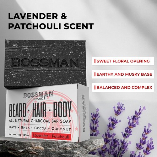 Bossman 4-in-1 Charcoal Soap Bar - All-Natural Men's Beard Wash, Shampoo & Body Wash | 4 oz Lavender & Patchouli Scent