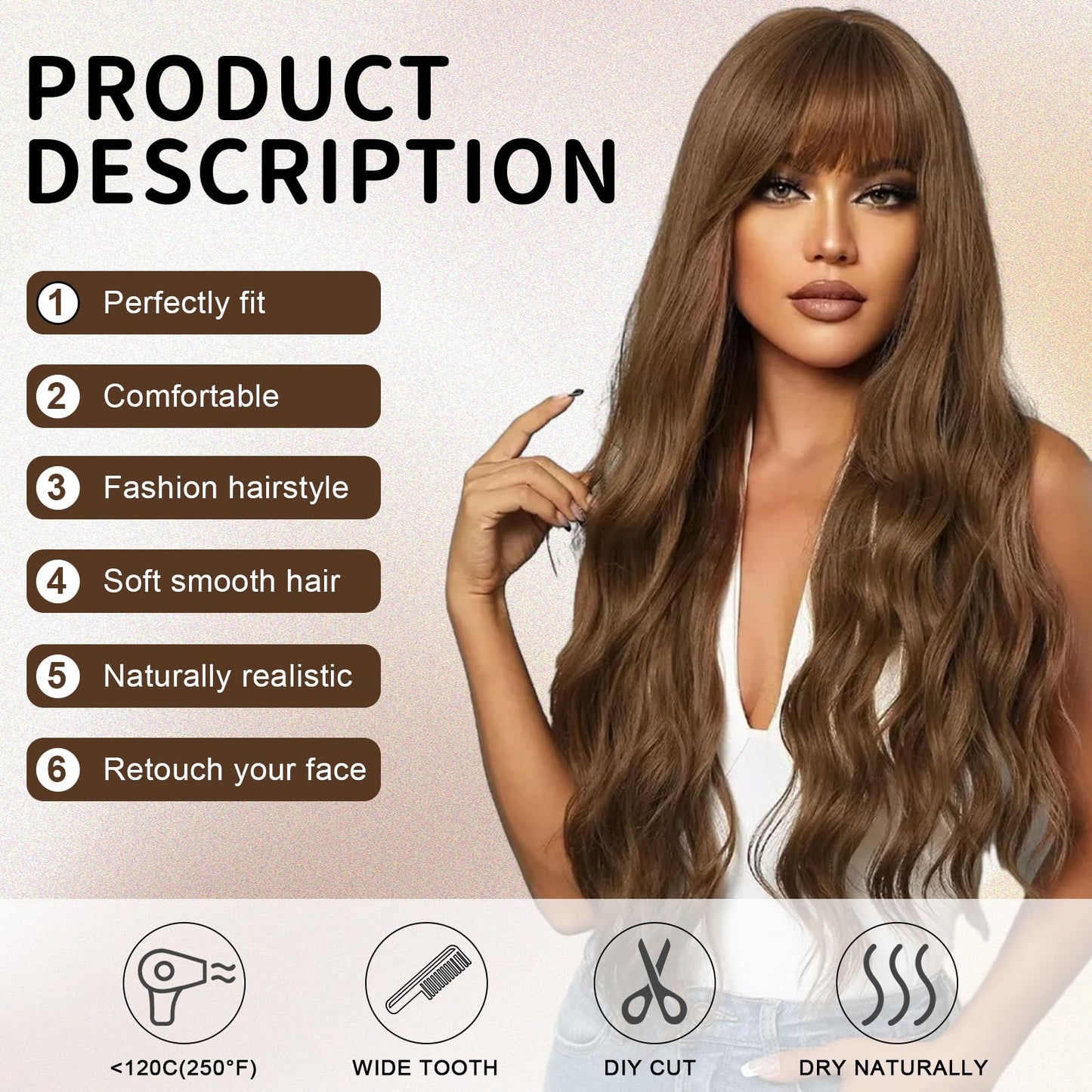 Remy Blue 26'' Long Ombre Brown Wig With Bangs for Women Curly Wavy Wig Natural Looking Synthetic Heat Resistant Fiber Wig for Daily Party Use…