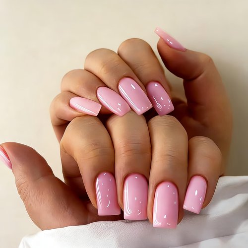 JOYVVEW Baby Pink Press On Nails Medium Square, Bright Pink Short Fake Nails with Glue, Neutral Glossy Coffin Stick Glue on Nails for Women, Reusable UV Finish Acrylic False Nail Set, 28 Pcs