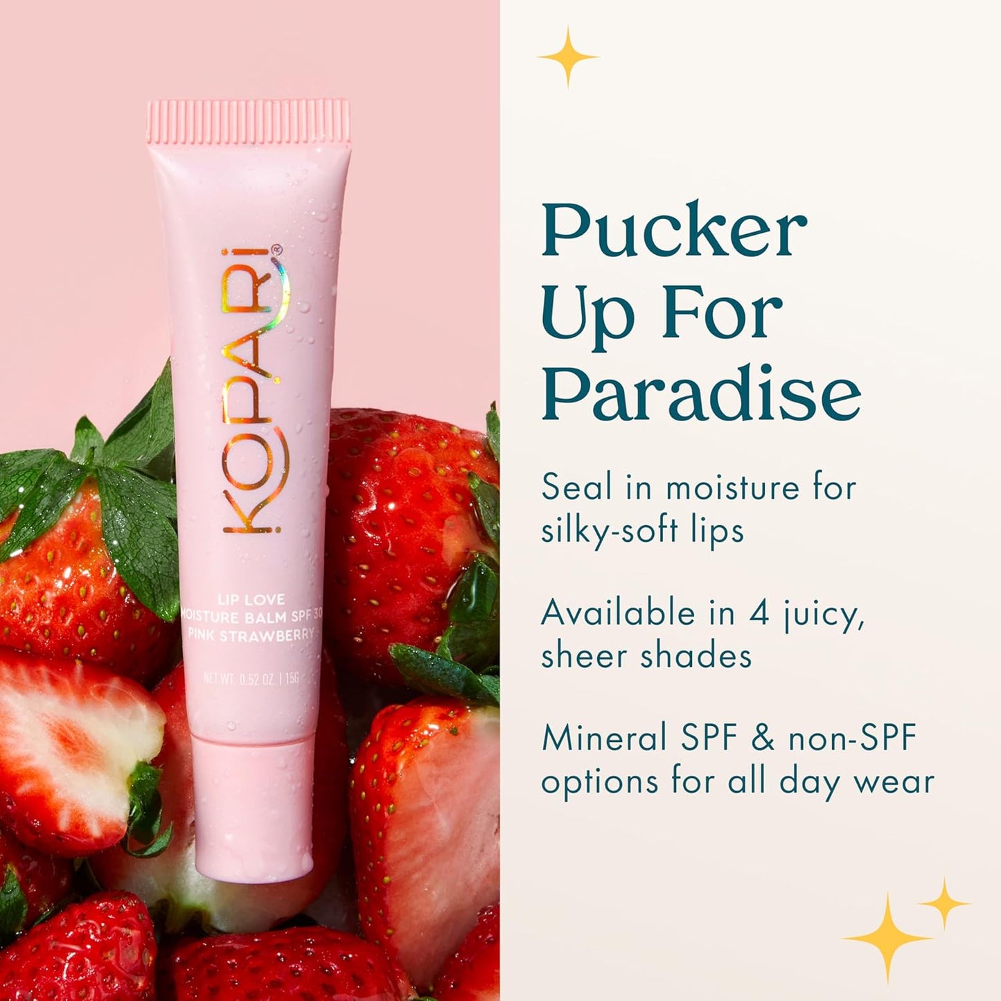 Kopari Lip Love Moisture Balm - Pink Strawberry SPF 30 | Hydrating Tinted Lip Balm, 0.35 oz