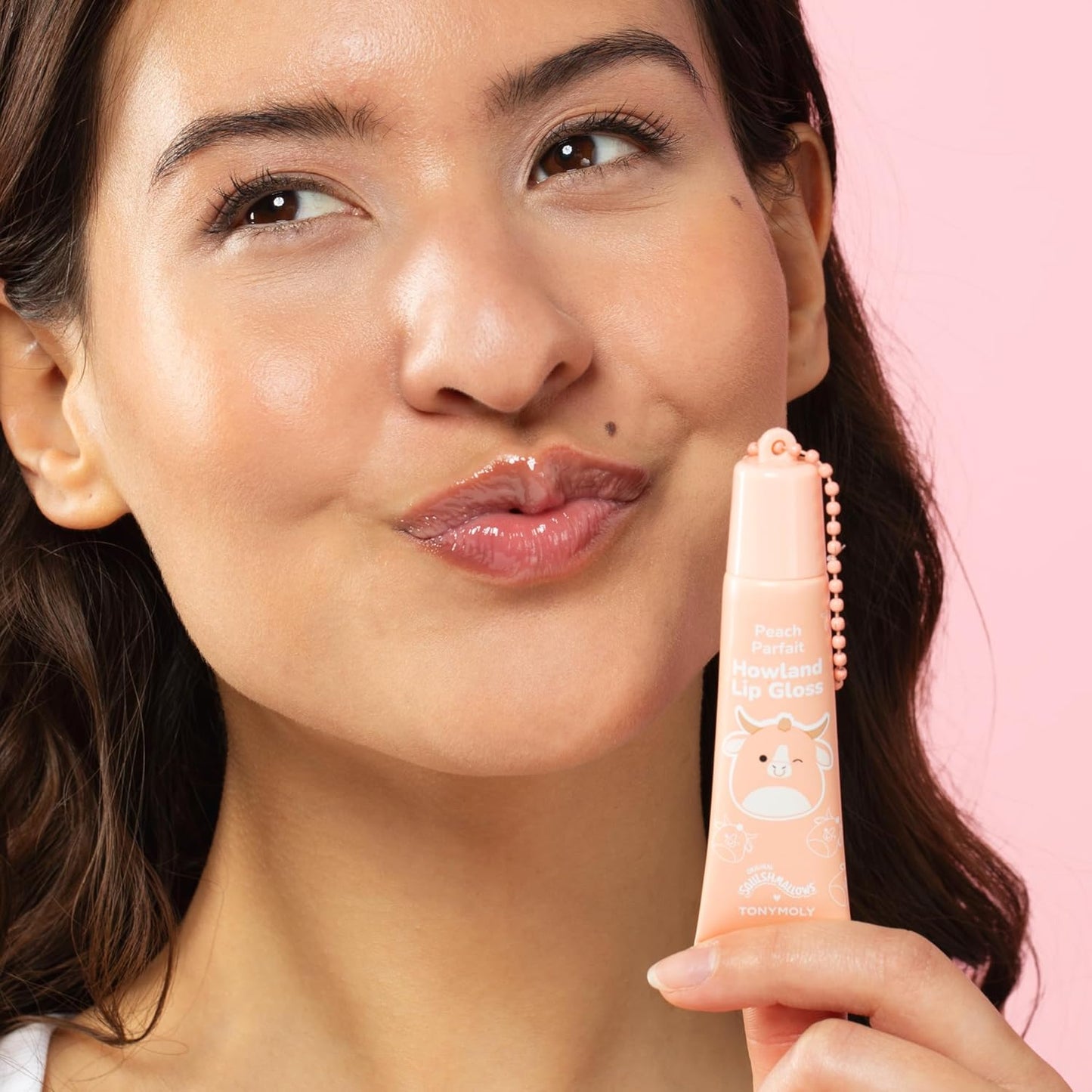 TONYMOLY Howland Keychain Lip Gloss - Hydrating Sheer Peach Tint with Jojoba Oil, 11ml